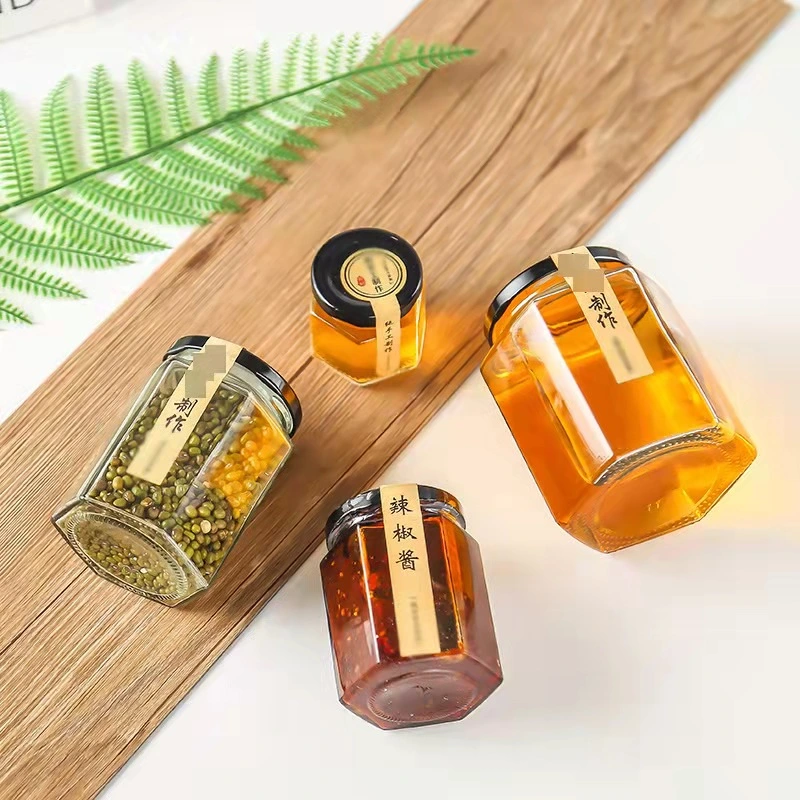 180ml Clear Hexagon Bee Honey Jar Jam Jar Empty Hot Sauce Canning Food Storage Container Glass Bottle with Screw Tinplate Lids