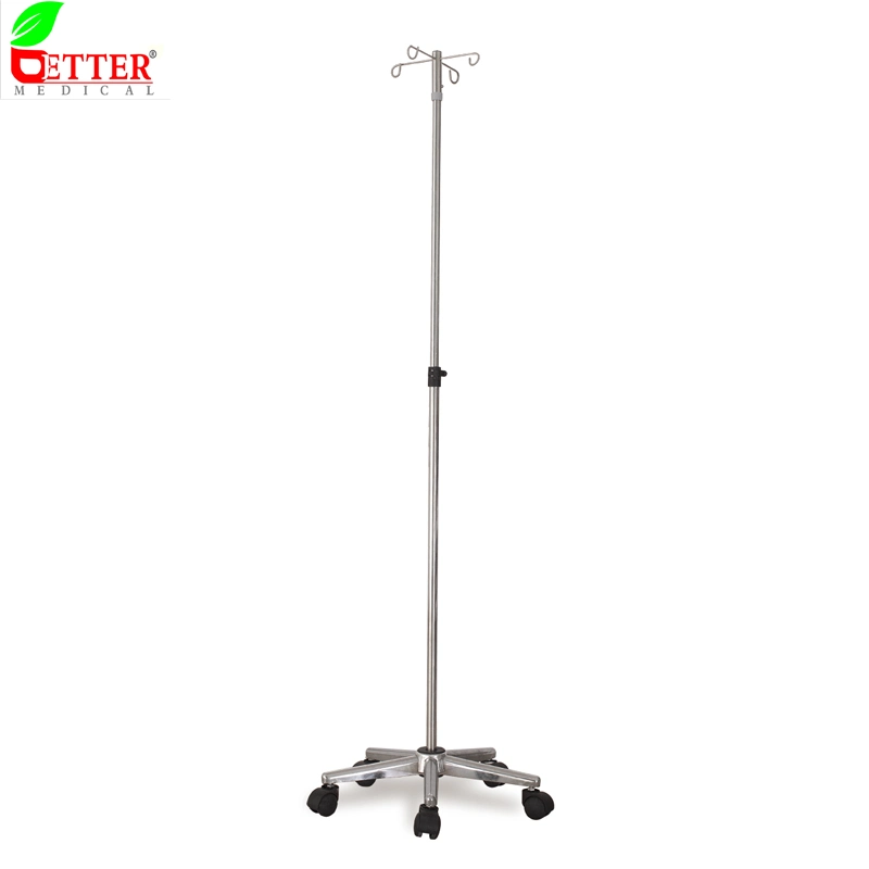 Hospital Furniture 4 Hooks Stainless Steel I. V Pole with Aluminum Base