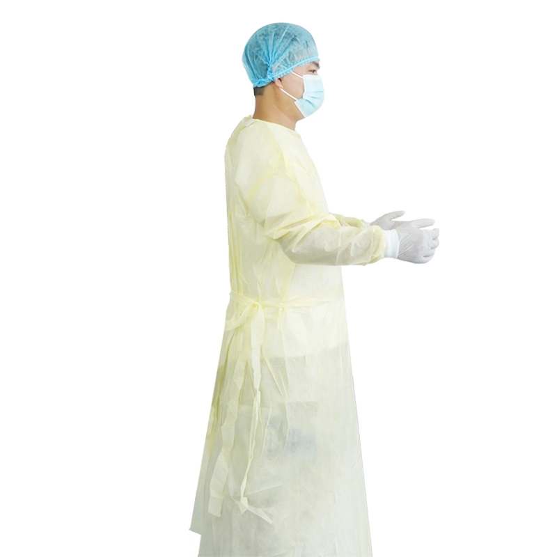 China Supply of Disposable PP+PE Isolation Gown Fluid Resistant Protective Gown in Stock