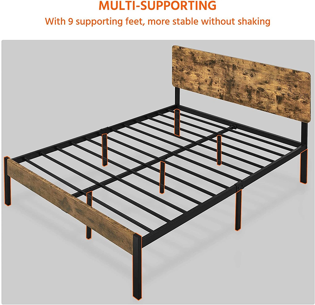 China Mayoreo Metal cama Marco Reina Tamaño King con madera Cabecera de 12 pulgadas de altura para almacenamiento bajo la cama fácil de montar Camas de madera