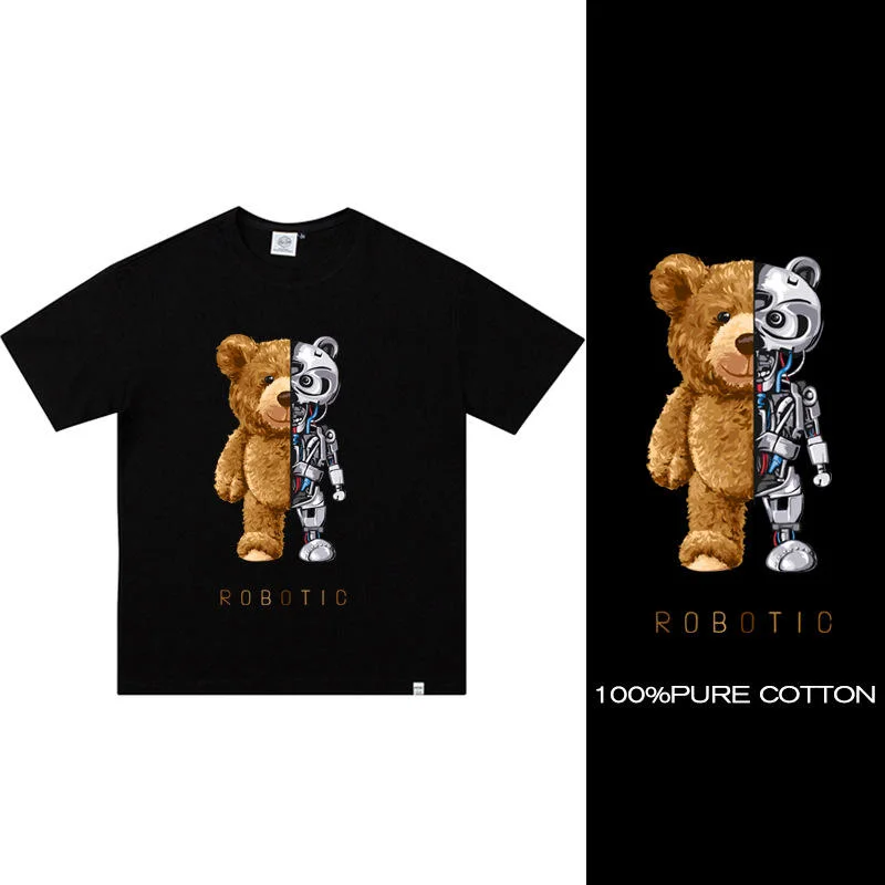 Logotipo de impresión personalizada bordado Verano 100% algodón Teddy camisa Camisetas con estampado de robots Bear de manga corta de Hip Hop Camiseta TOPS para hombre