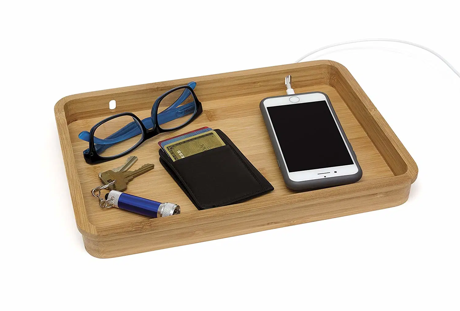 Bamboo Wood Multipurpose Valet Tray with Recharger Cord Holes, 11-7/8" X 8-3/8" X 1-3/8"