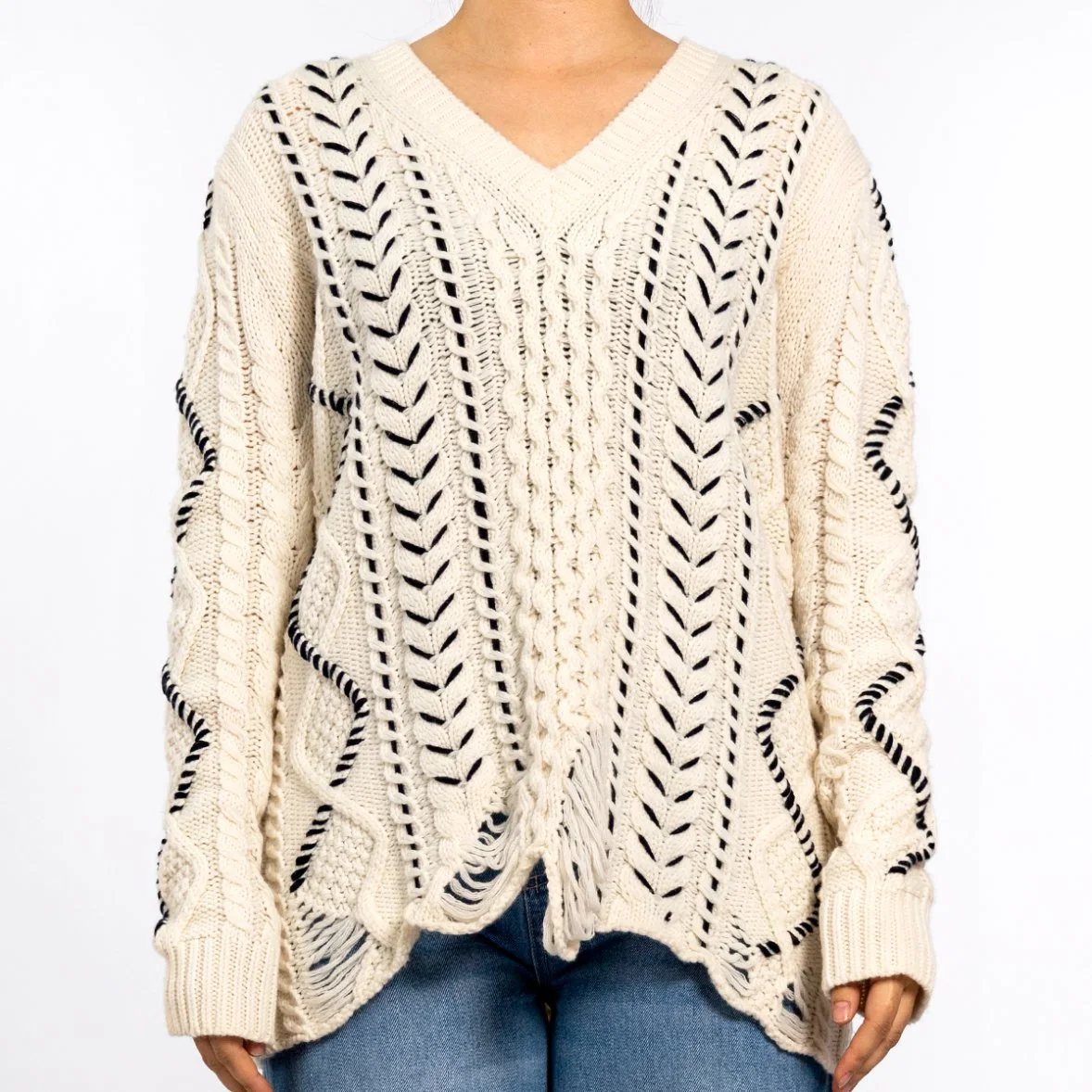 V-Neck Hollow Hand-Threaded Rope Long-Sleeved Pullover Oversized Sweaters for Women