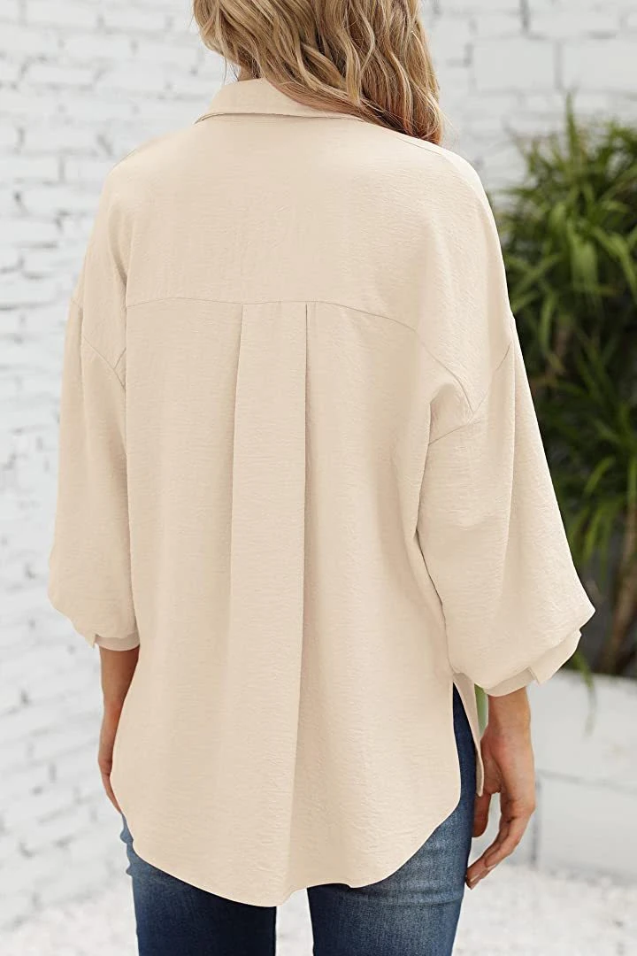 High quality/High cost performance  Casual Solid Color Chiffon Shirt Lantern Sleeve Tops Loose Blouse