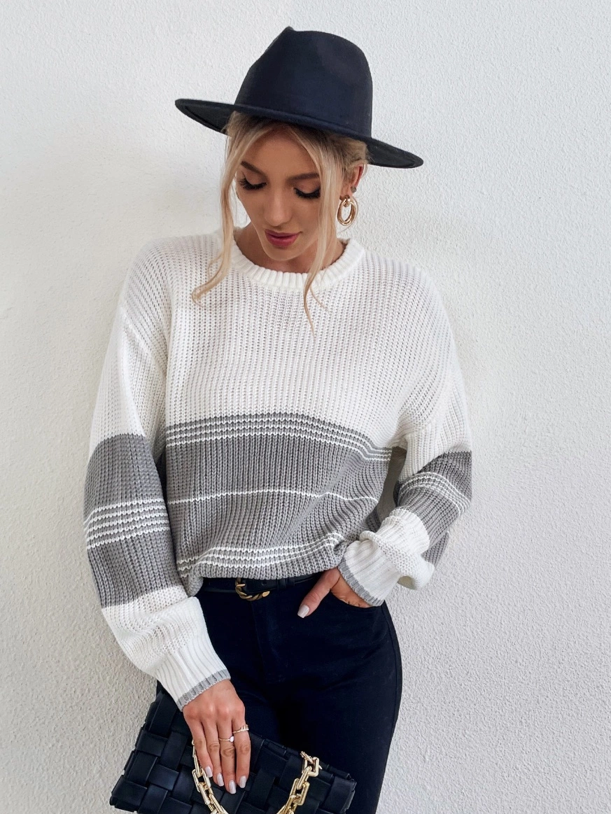 2021 New Women's Simple Plain Striped Block Stitching Round Collar Women Knit Sweater