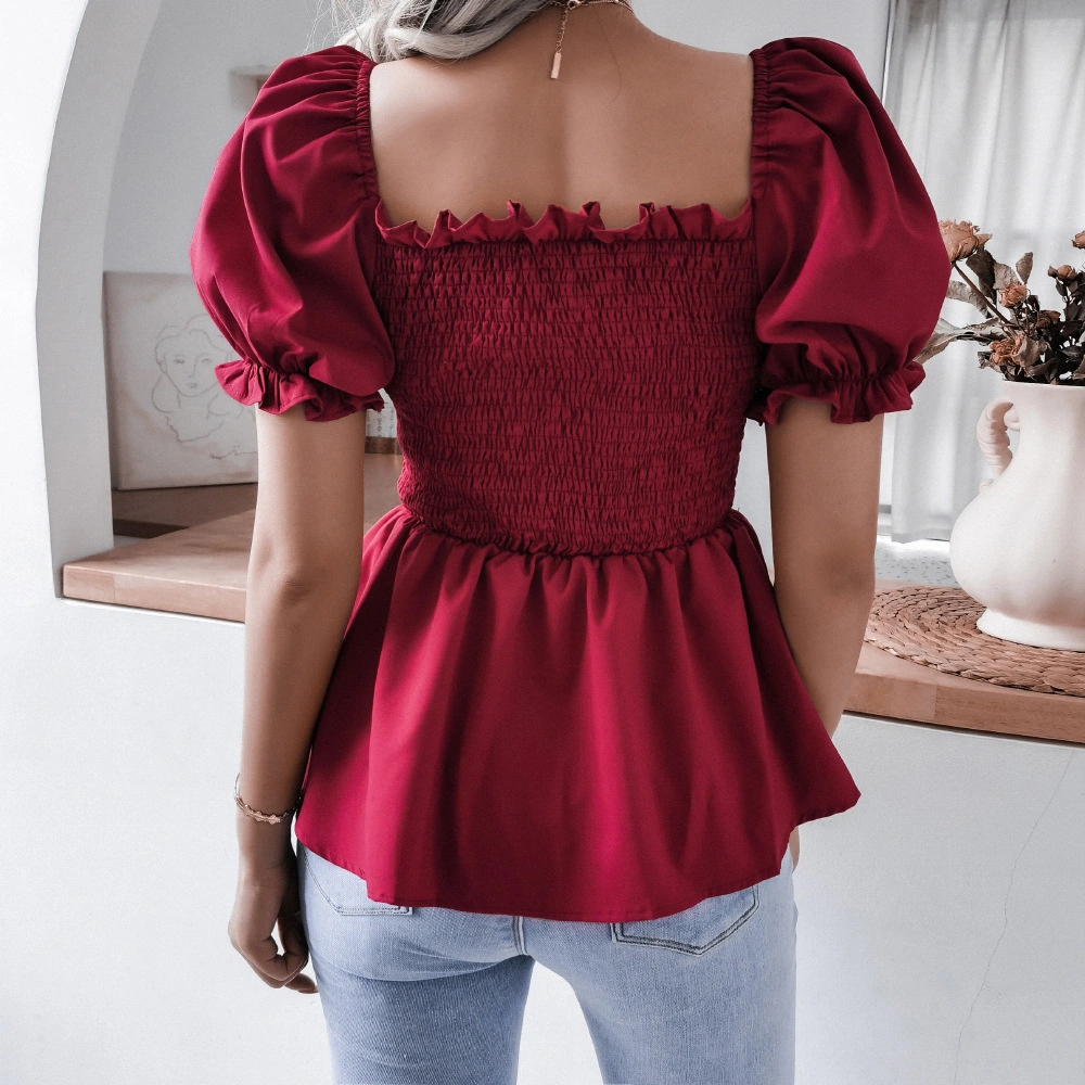 Fashion Lantern Sleeve Hem Ruffled Chiffon Shirt Top