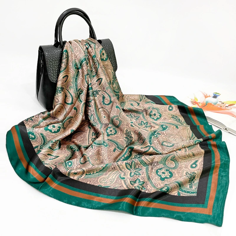 New Fashion Women Gift Decorative Silk Square 90*90cm Jacquard Twill Print Shawl Polyester Satin Soft Lady Scarf