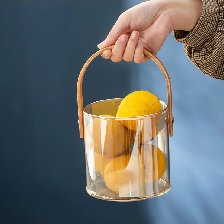 Portable Glass Fruit Tray Transparent Ice Wine Bucket Snack Fruit Storage Basket with Wooden Handle