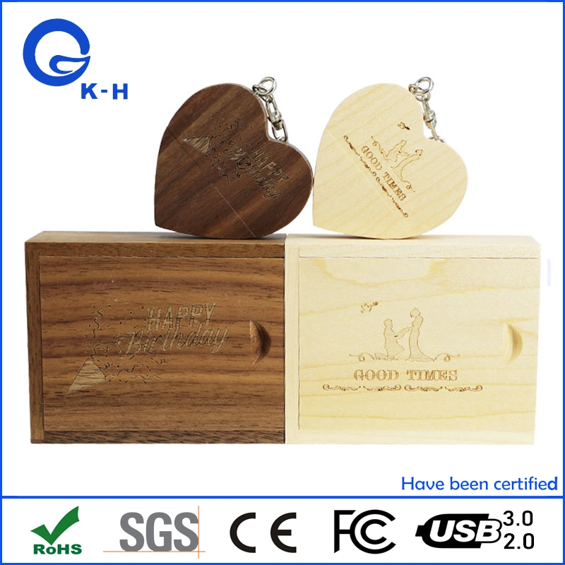 Unidade Flash USB do coração de madeira Pendrive Memória 8GB, 16GB, 32GB, 64GB