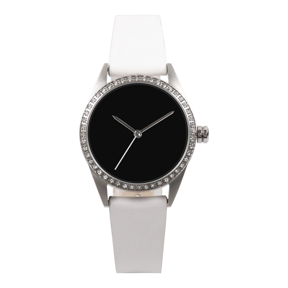 Stainless Steel Case with Crystal Bezel Genuine Leather Strap Quartz Watch