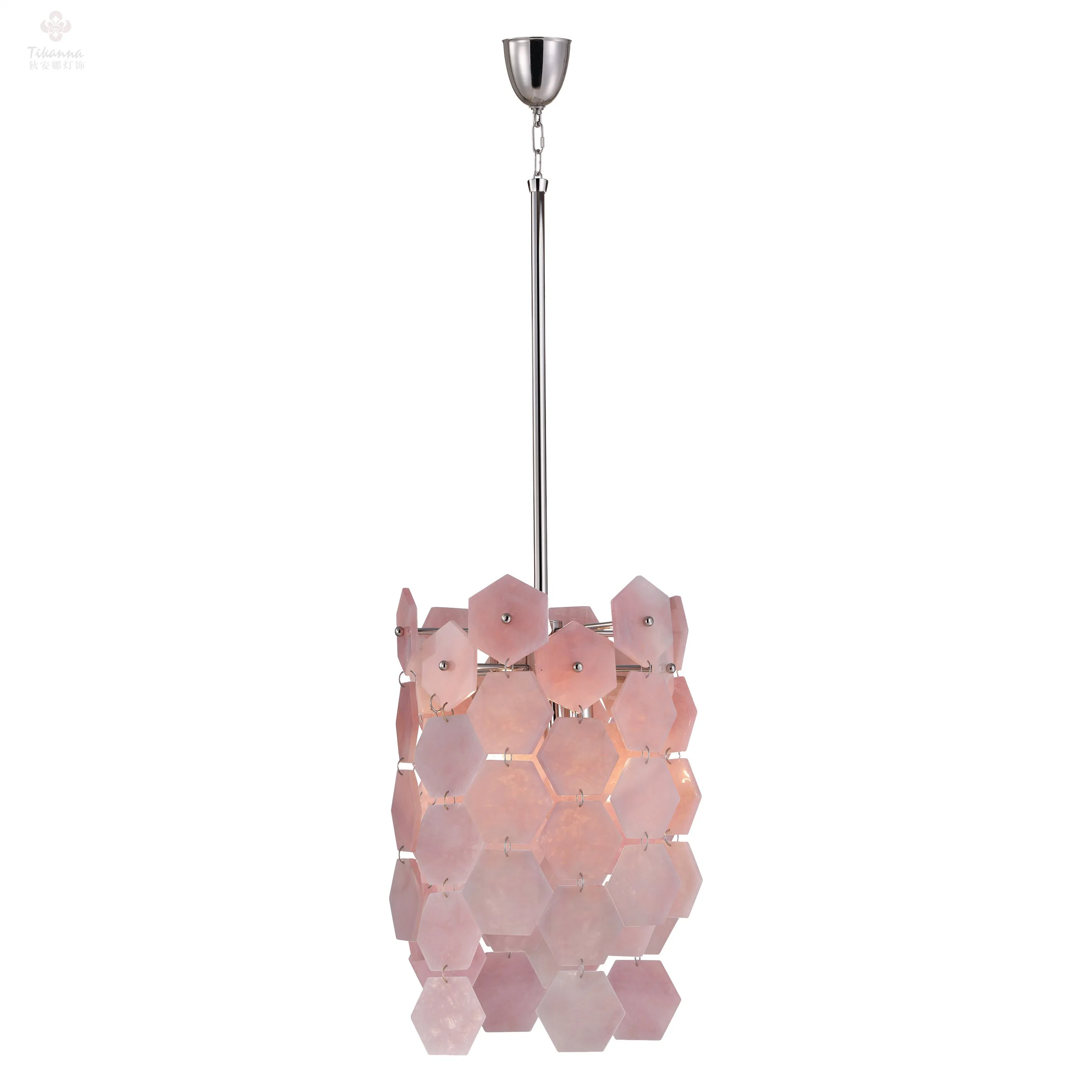 Modern 3-Light Brass Frame Natural Pink Crystal Stone Small Pendant Light for Daughter&prime; S Room