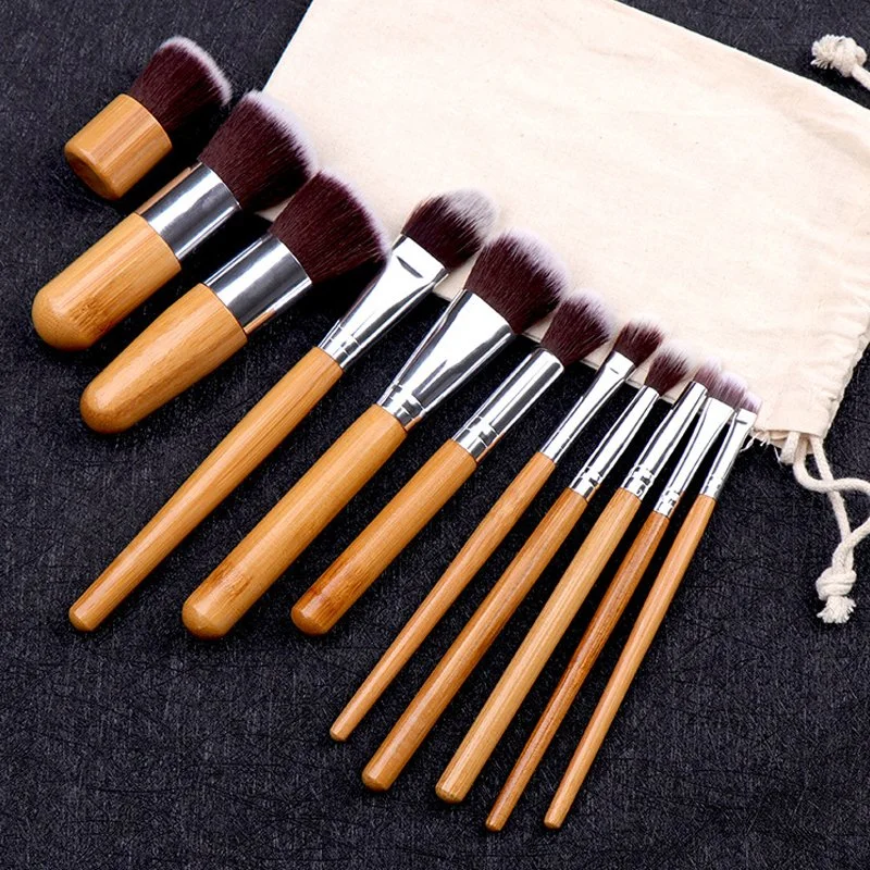 11PCS Bamboo Makeup Brushes with Canvas Bag Popular Kabuki Brushes Synthetic Fiber Cosmetic Brushes Set