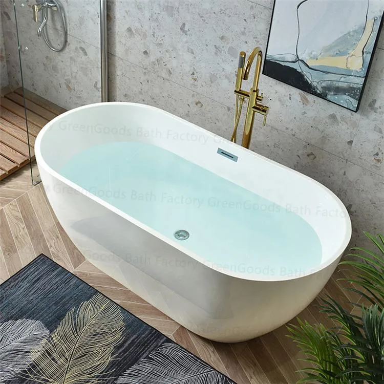 Center Drain Acrylic Oval Freestanding Soaking White Bathtub