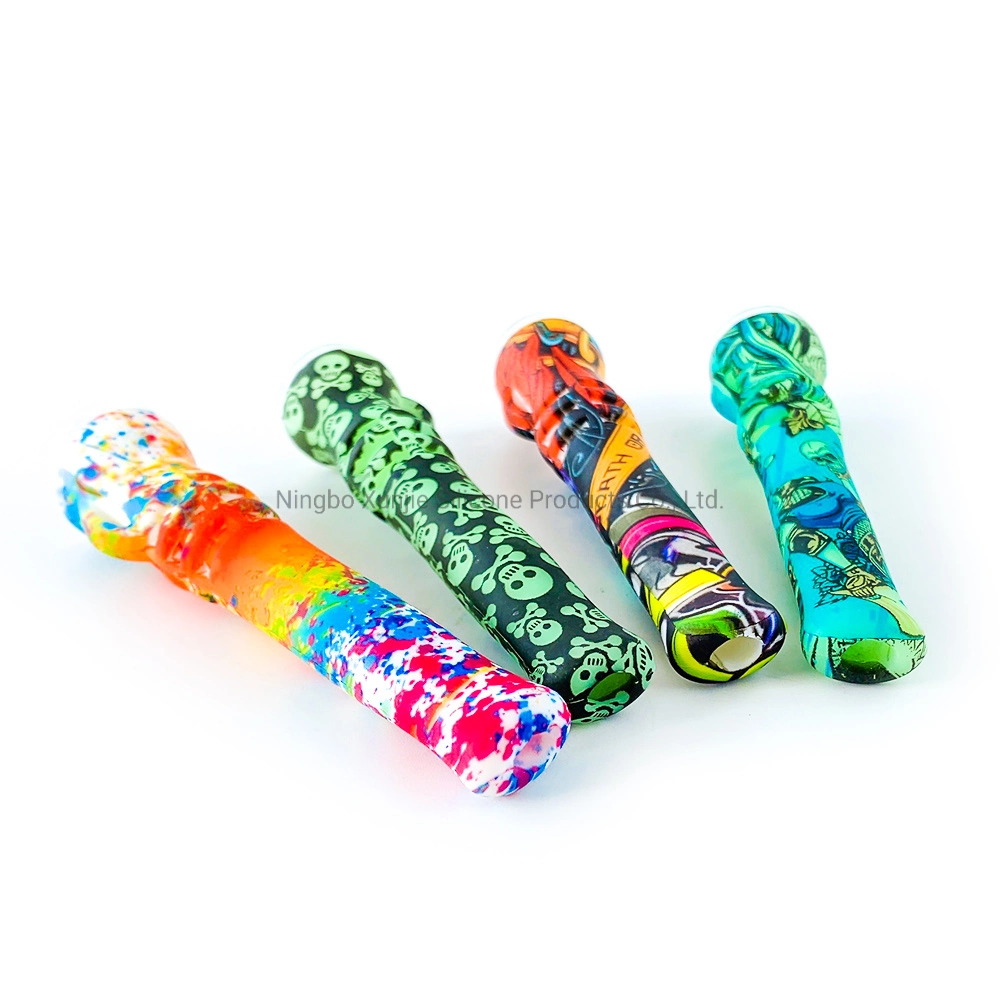 Print 4.0inches Silicone One Hitter with Glass Bowl Chillum Glass Straw One Hitter