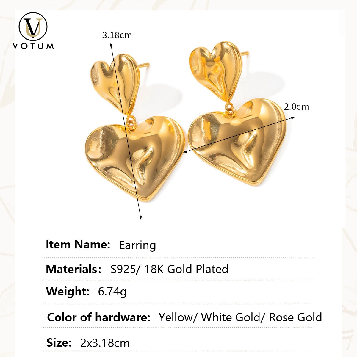 Votum Wholesale/Supplier OEM forma del corazón puro 925 Sterling Silver pendiente Con 18K Joyas bañadas en oro