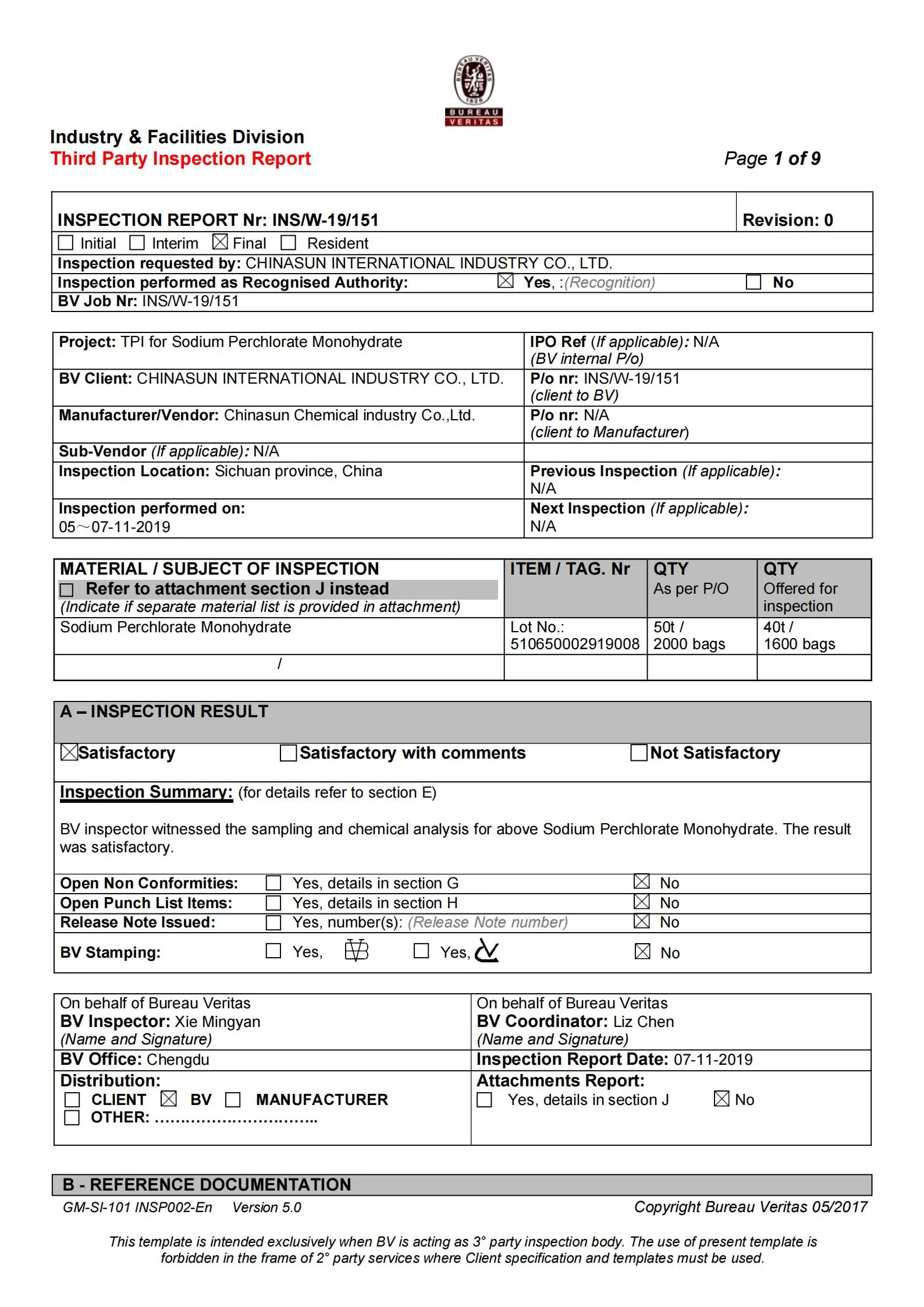 Перхлорат Monohydrate натрия Naclo4. H2O CAS №: 7791-07-3