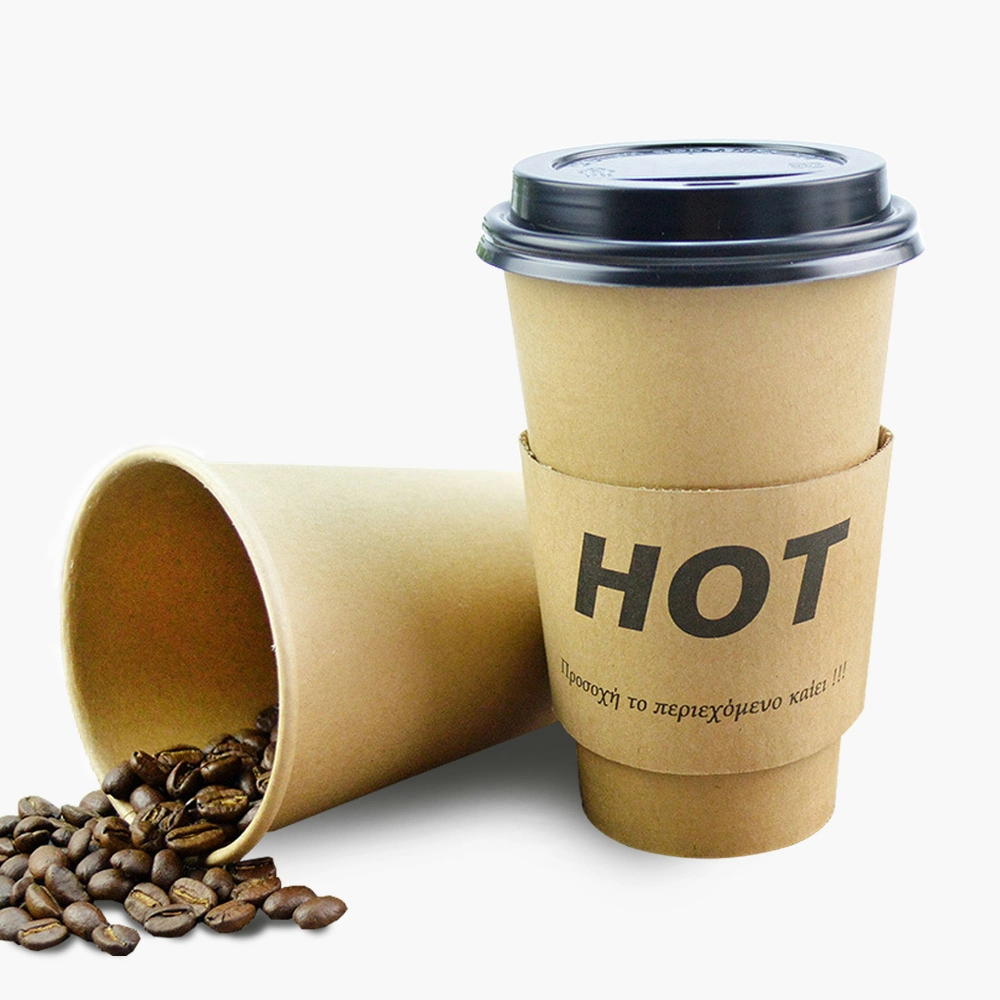 Customization Logo 8oz 14oz Biodegradable Black Takeaway Juice Coffee Packaging Double Layer Paper Cups with Lid Sleeve