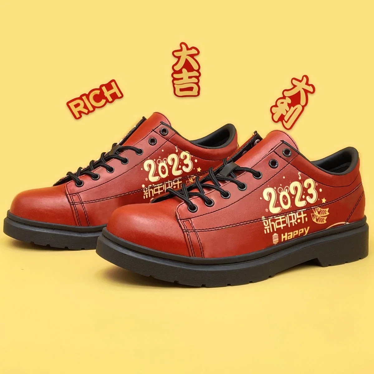 Casual Leather Shoes Happy Chinese New Year Pattern Unisex Custom Shoes