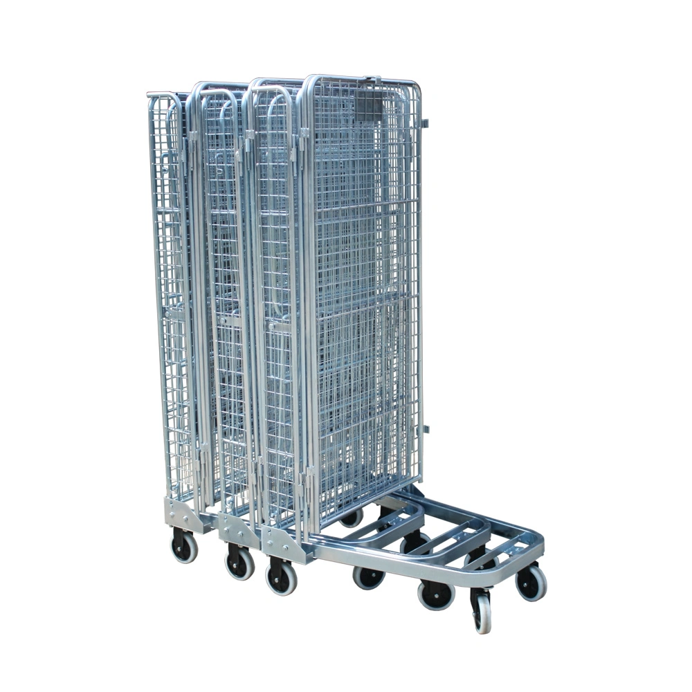 Nesting Cargo Cage Collapsible Goods Three Side Storage Metal Galvanized Warehouse Folding Pallet Cart Trolley