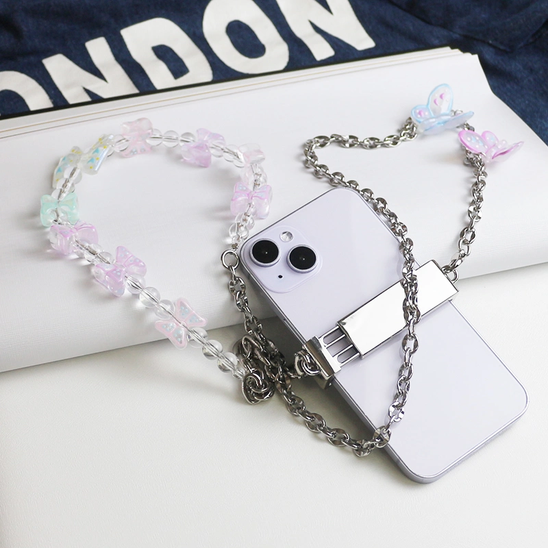 Butterfly Bead Metal Chain Phone Clip Universal Heart Shape Pearl Messenger Strap Phone Case Accessories