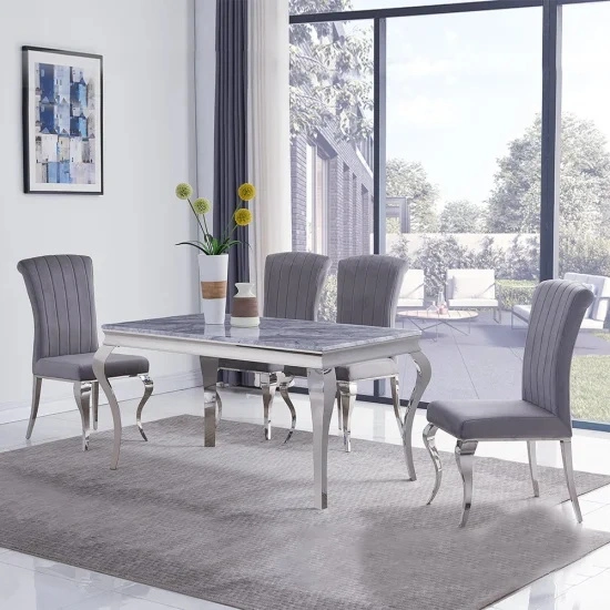 Foshan Modern Home Hotel Restaurant Furniture Set Stainless Steel Frame Marble Top Dining Table