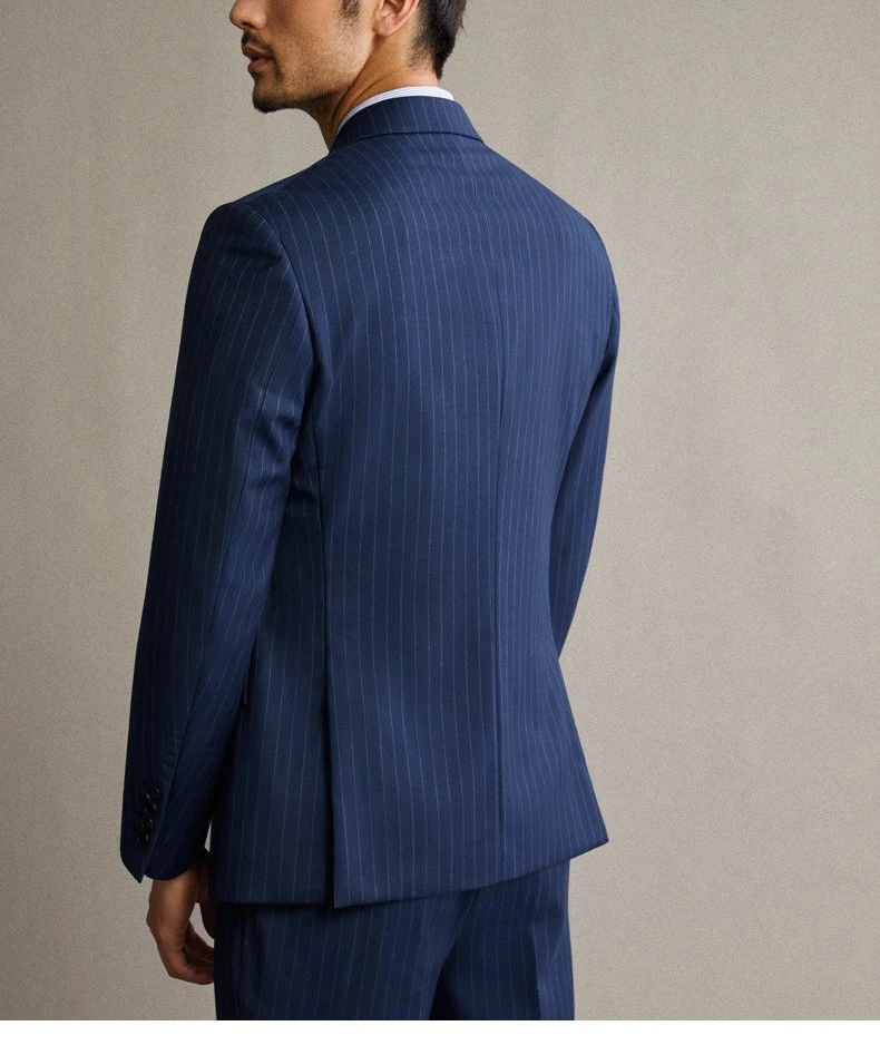 Men&prime; S Suit Blue Striped Double-Breasted Suit British Style Business Slim Fitting Suit Suitable for Office Business Wedding