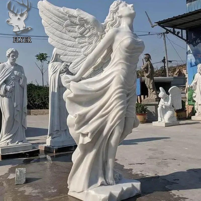 Уличный сад украшение ручной резной Wingged Angel Statue Polished Life Размер Белый мрамор Камень Анхель Статуя