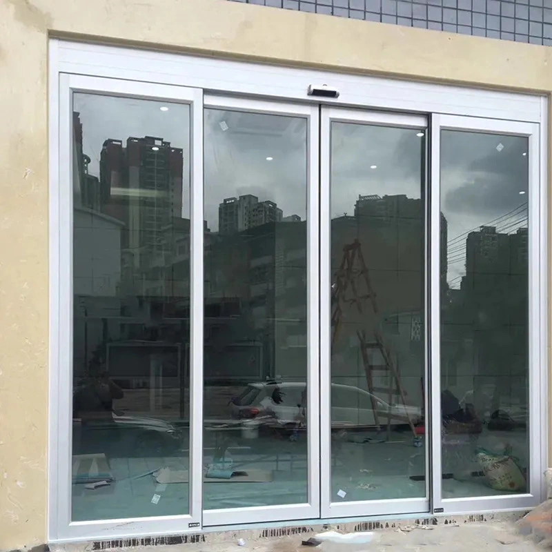 Infraed Micro Wave Sensor Aluminium Frame Graphic Design Modern Double Tempered Glass Electric Side Opening Sliding Door