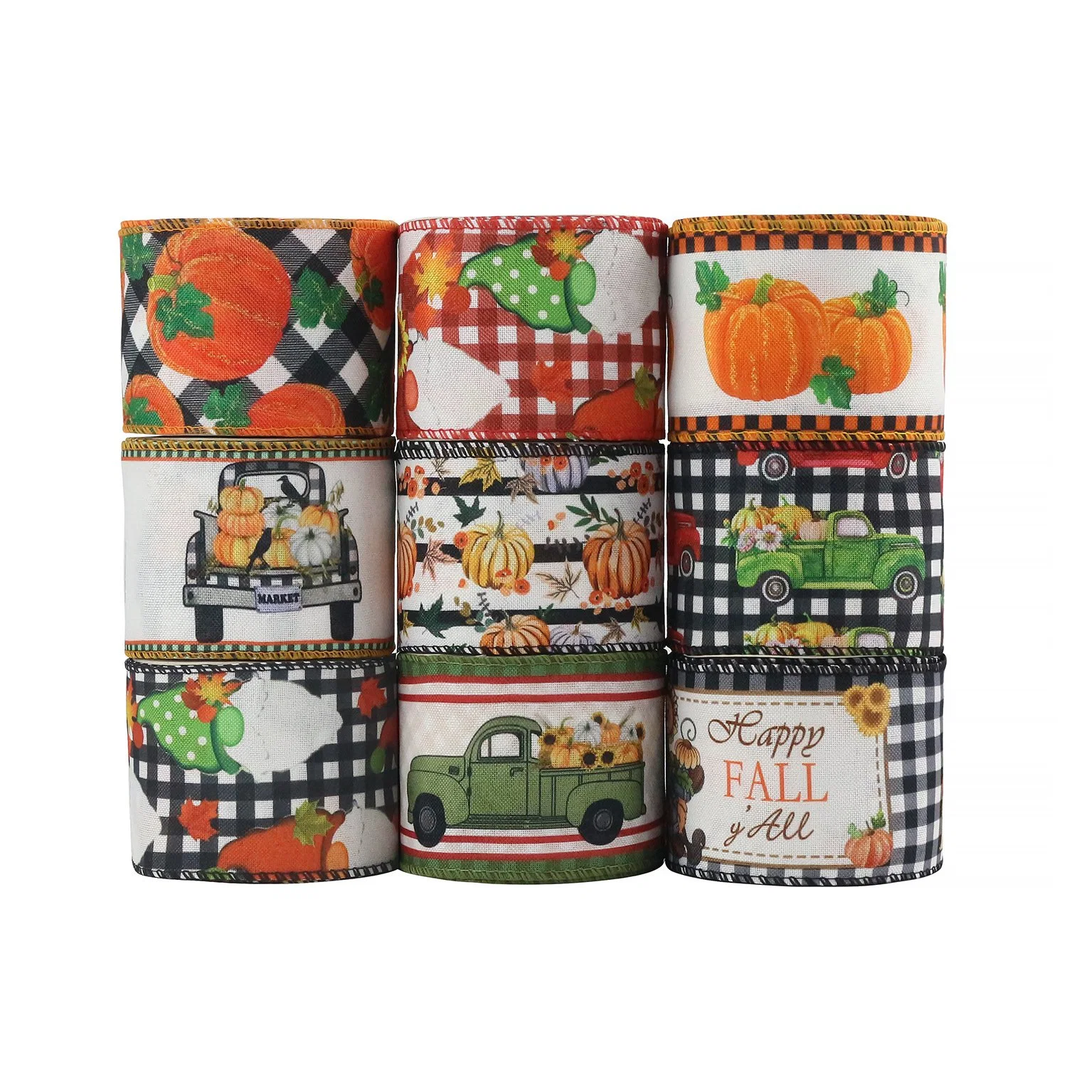 Manufacturer Wholesale/Supplier 63mm Wide Wire Edge Copy Ribbon Thanksgiving Pumpkin Truck Decorative Ribbon Printed Ribbon