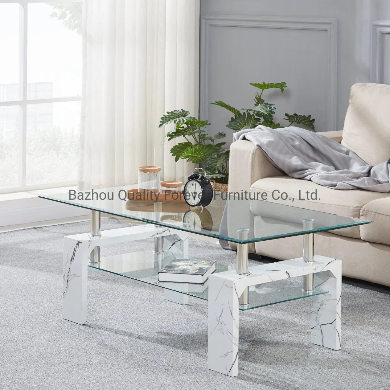 Clear Tempered Glass Rectangle Steel Metal White Marble 3D Paper MDF Leg Coffee Table