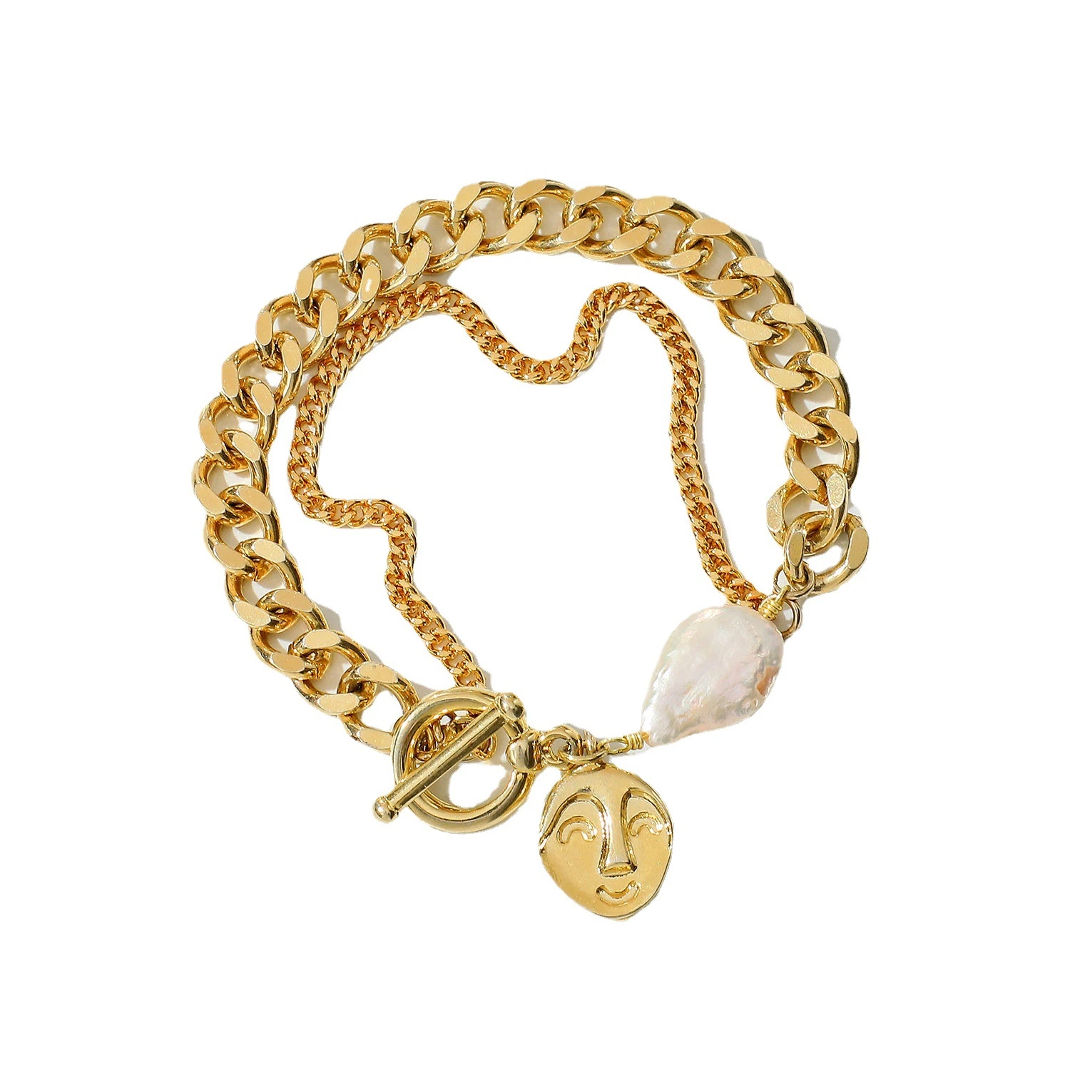 European and American Multi-Layer Cuban Chain 14K Real Gold Gold-Plated Face Pendant Bracelet Female Jewelry Gift Baroque Pearl Bracelet Wholesale Price