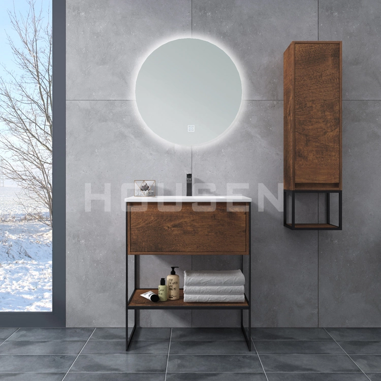 Luxury Nordic Style Black Frame Structure Bathroom Furniture Hotel Homestay Mirami Wood Grain Bathroom Cabinet