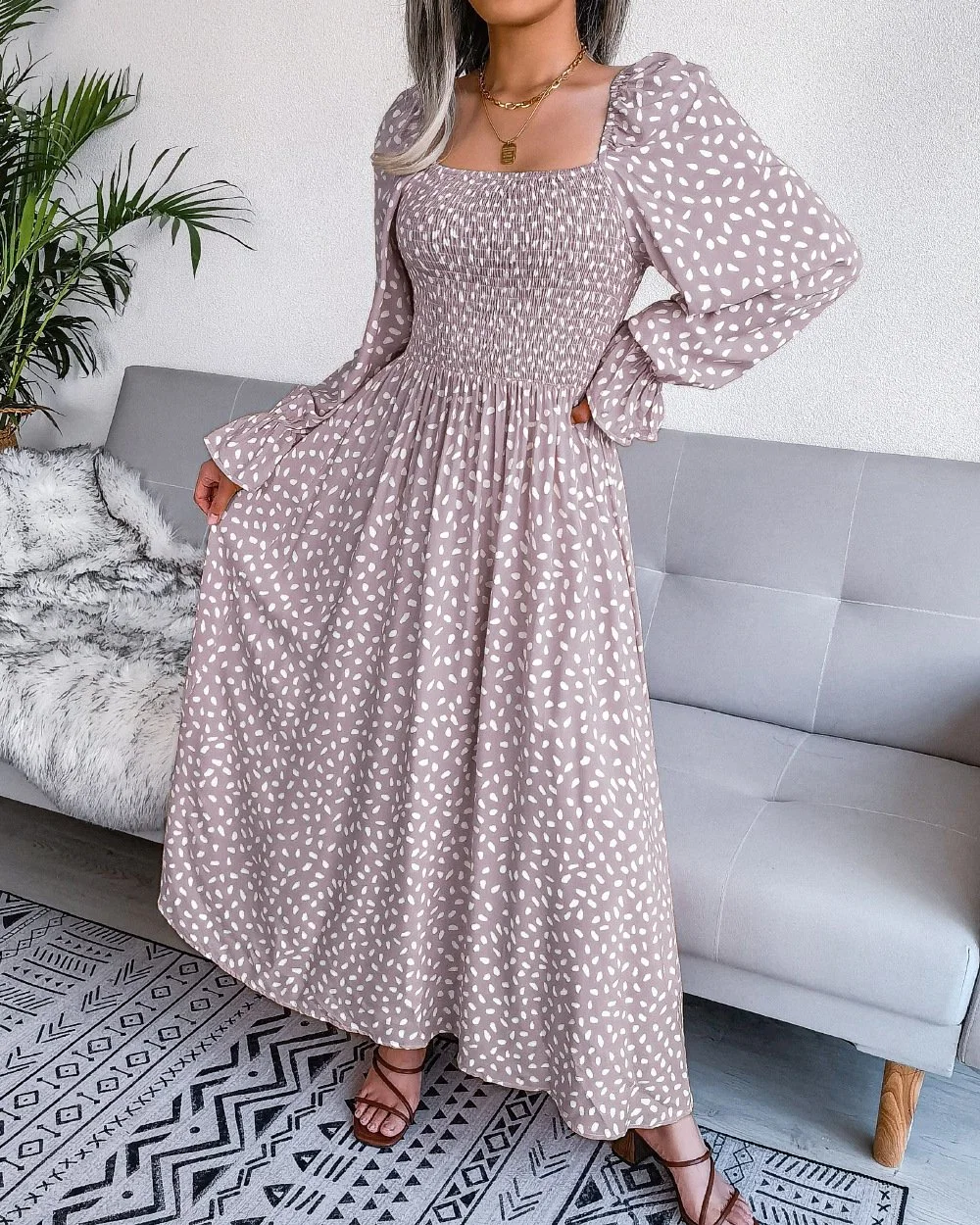 2023 Spring and Summer Square Collar Long-Sleeved Vacation Human Cotton Dress Pleated Long Skirt Amazon Independent Station Cross-Border Women&prime; S Wear