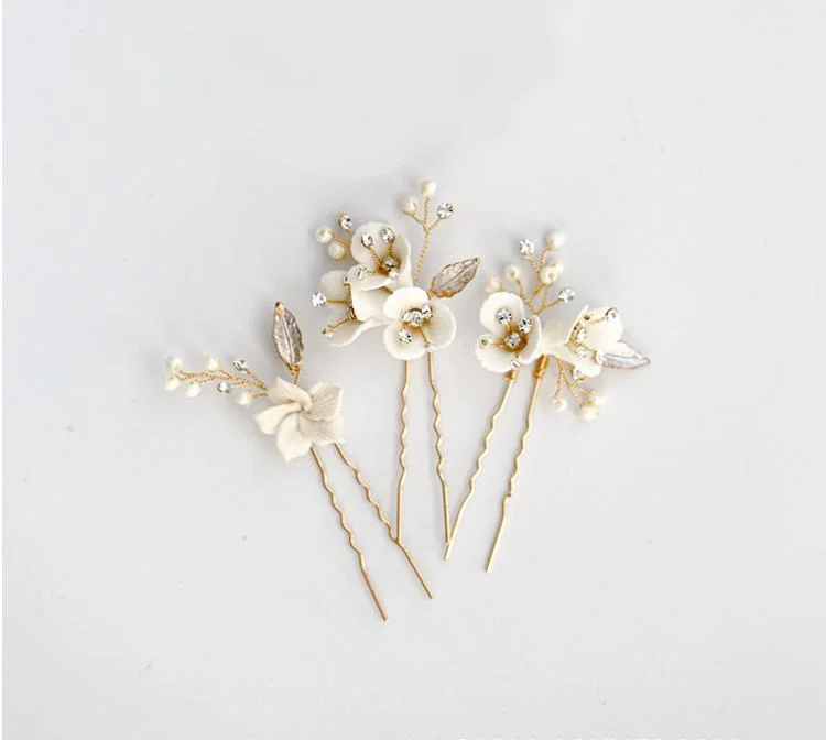 Pearl Rhinestone Hair Pin Hair Stick. Bridal Wedding Porcelain Hair Pin 3PS/Set