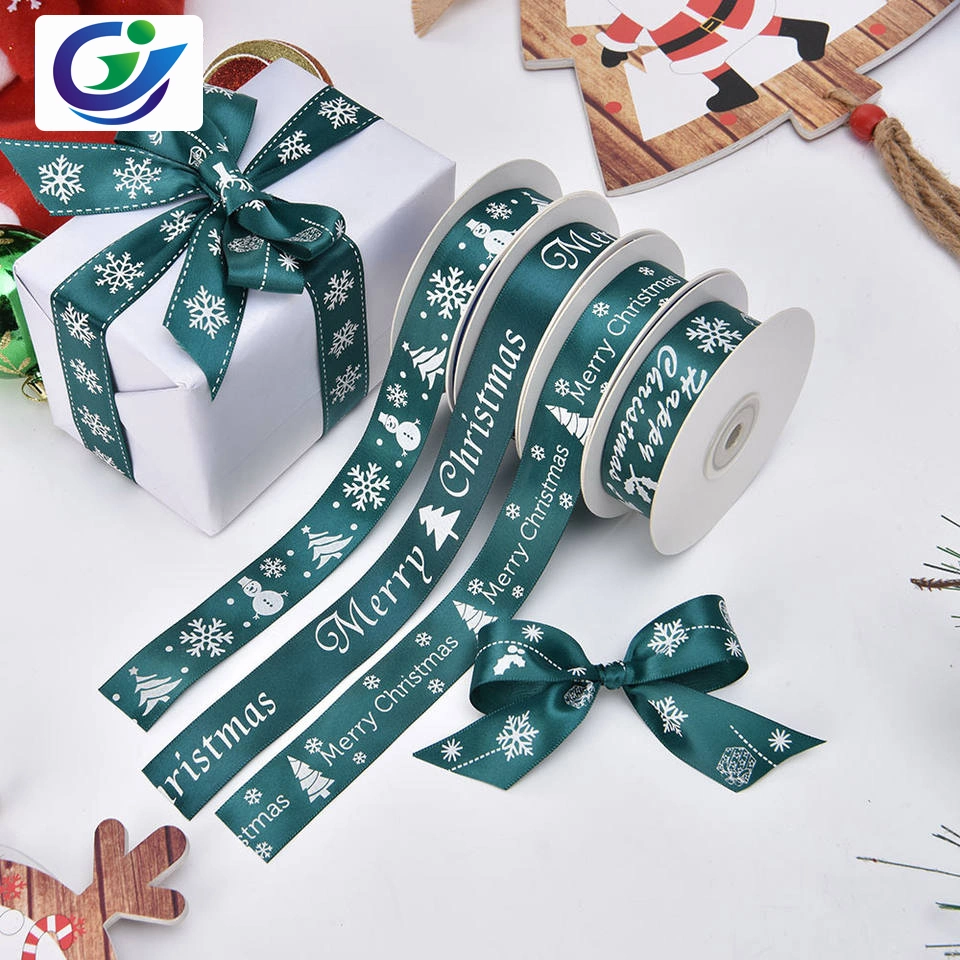 Foil Gold Printed Xmas Tree Deer Santa Claus Snowman Grosgrain Stain Ribbon for Packing OEM Factory