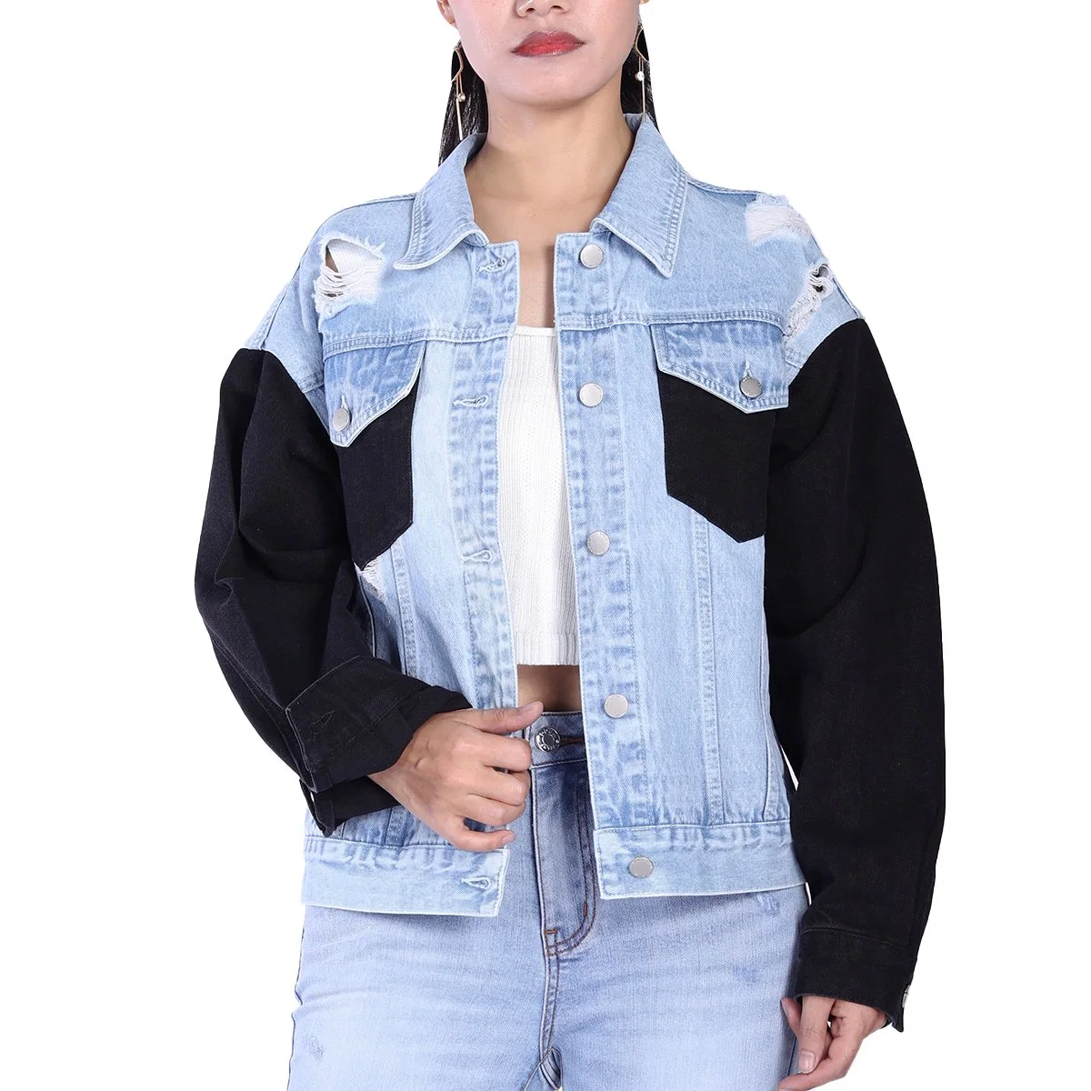 Custom Breathable Ripped Designed Collar Down Patckwork Denim Women Motorcycle Jackets