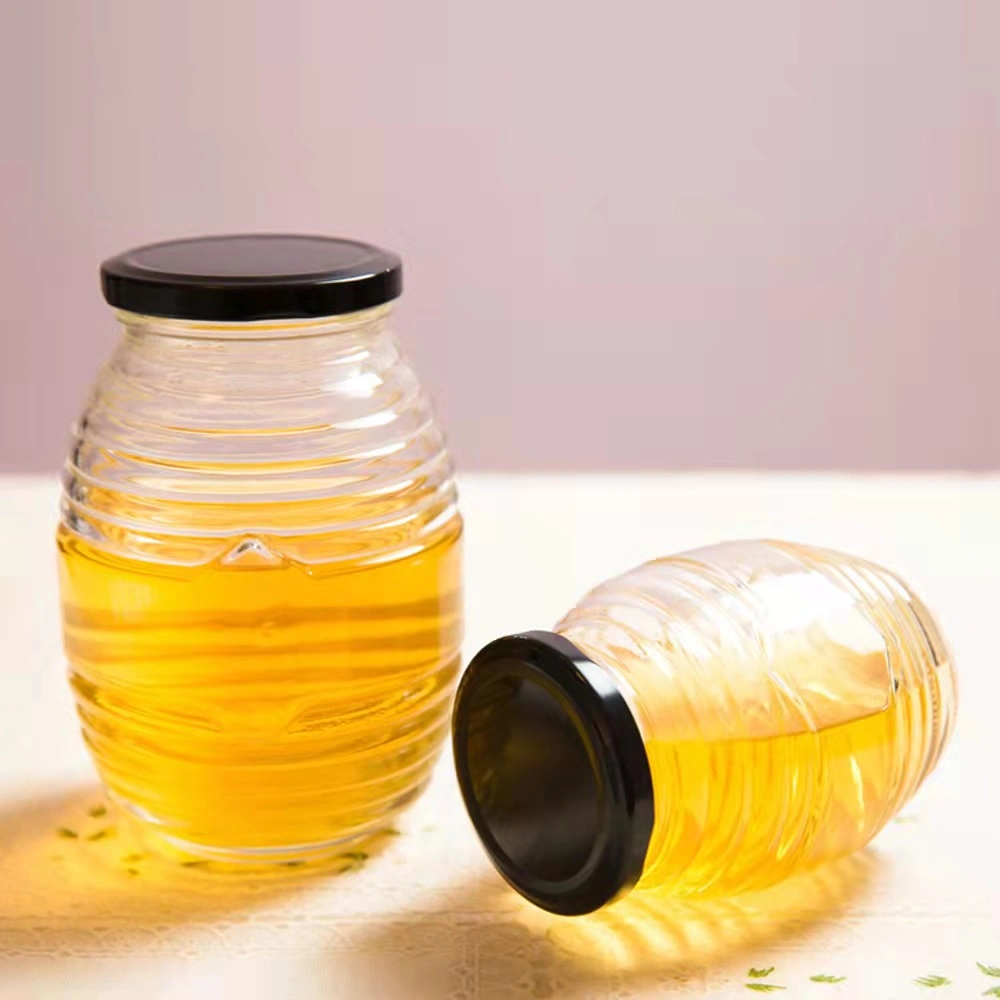 Unique Glass Storage Bottle with Thread Pattern Round 70ml 180ml 380ml 730ml Transparent Honey Jar