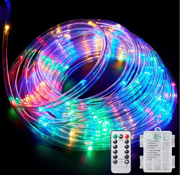 33FT LED Micro Rope Lights Outdoor String Light Battery Powered with Remote Control, 8 Modes Color Changing Waterproof for DIY Decoration