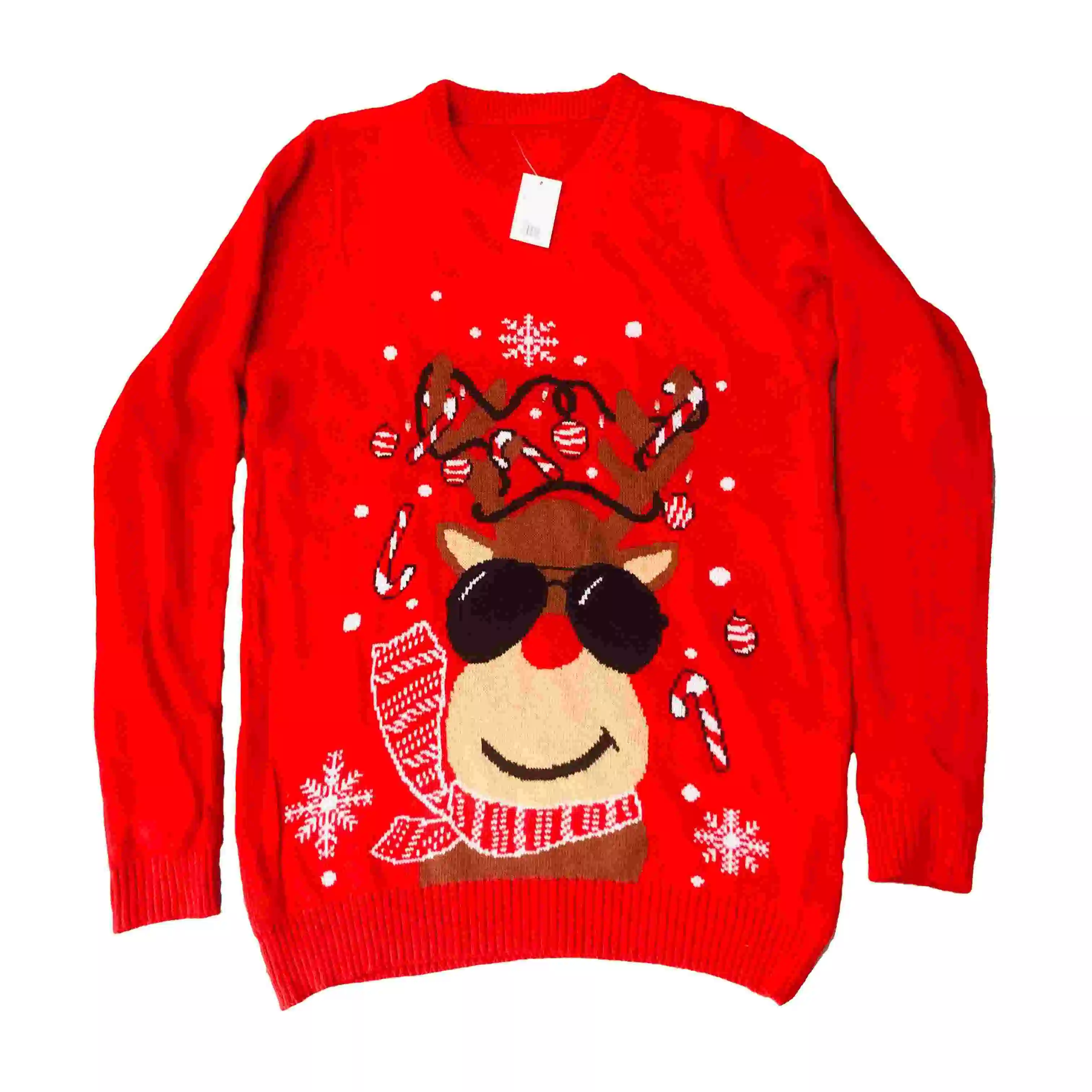 Merry Christmas Red Reindeer Pullover Acrylic Jacquard Ugly Knit Sweater