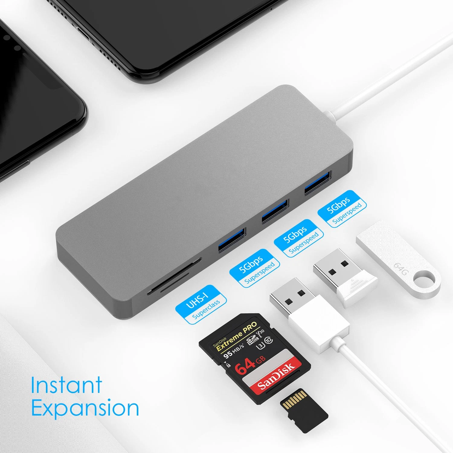 5-in-1 USB 3.1 Type-C Hub to SD TF Card Reader and USB3.0 Adapter