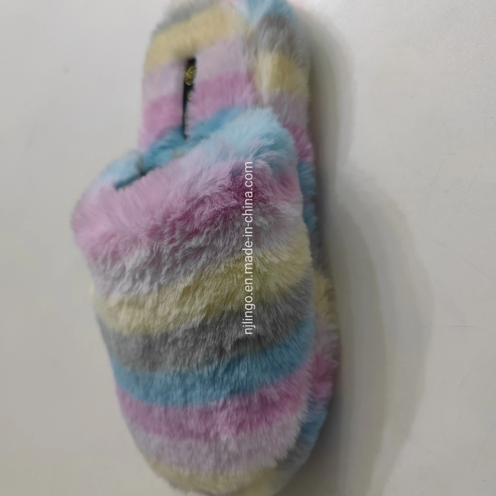 Ladies Fashion Rainbow Color Fluffy Indoor Slide Slippers Home Anti-Skid Furry Women Slippers