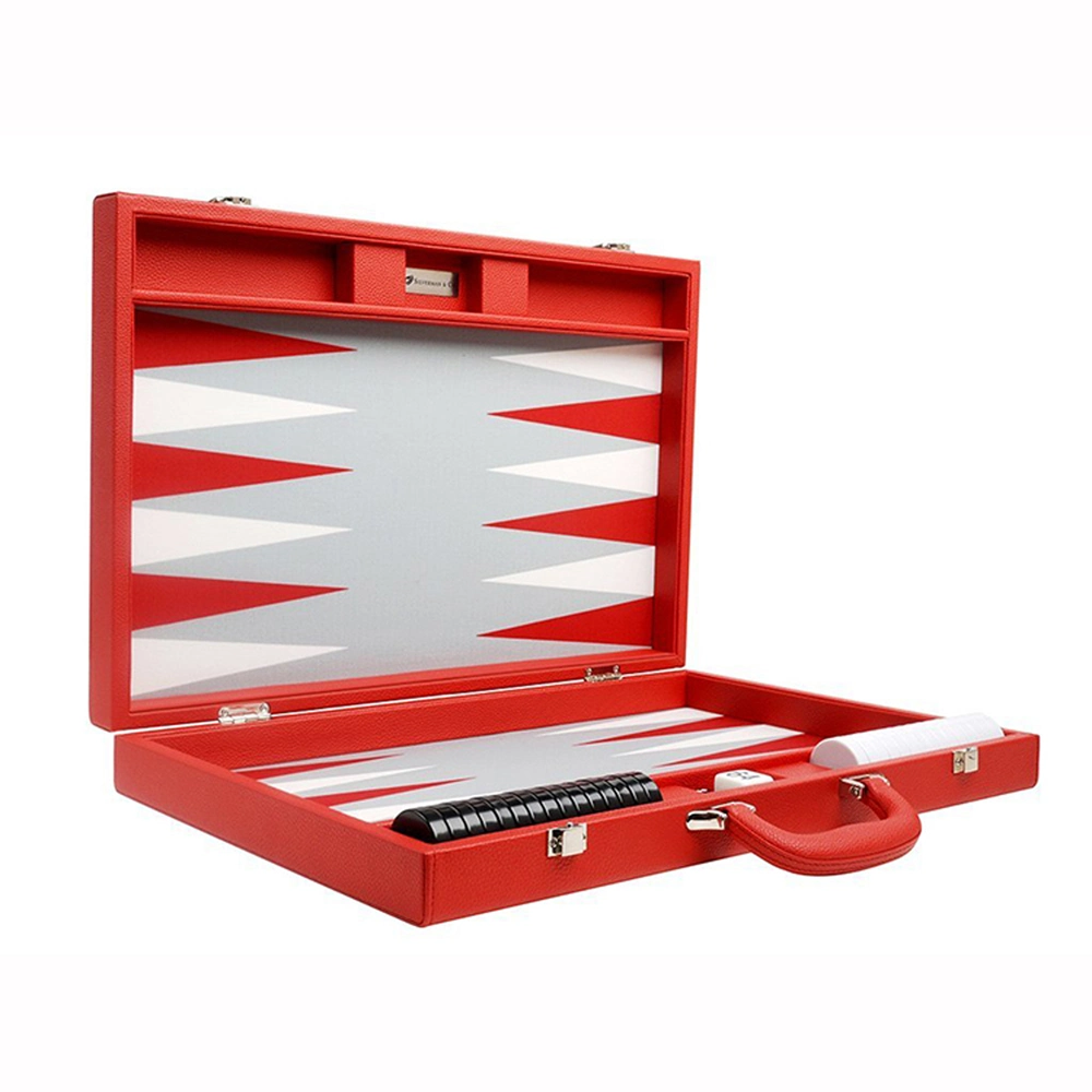 Rojo entusiasta de viaje plegable Tablero de Backgammon Juego en el cuadro de cuero