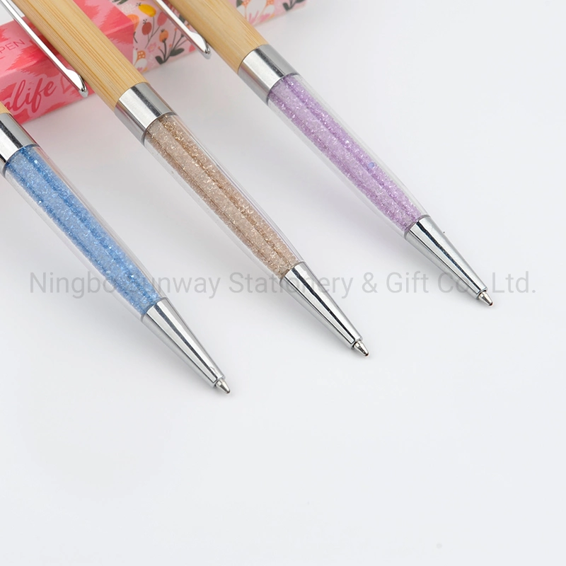 Promotion Stationery Bamboo Twist Pink Color Diamond Decoration Pen with Metal Clip