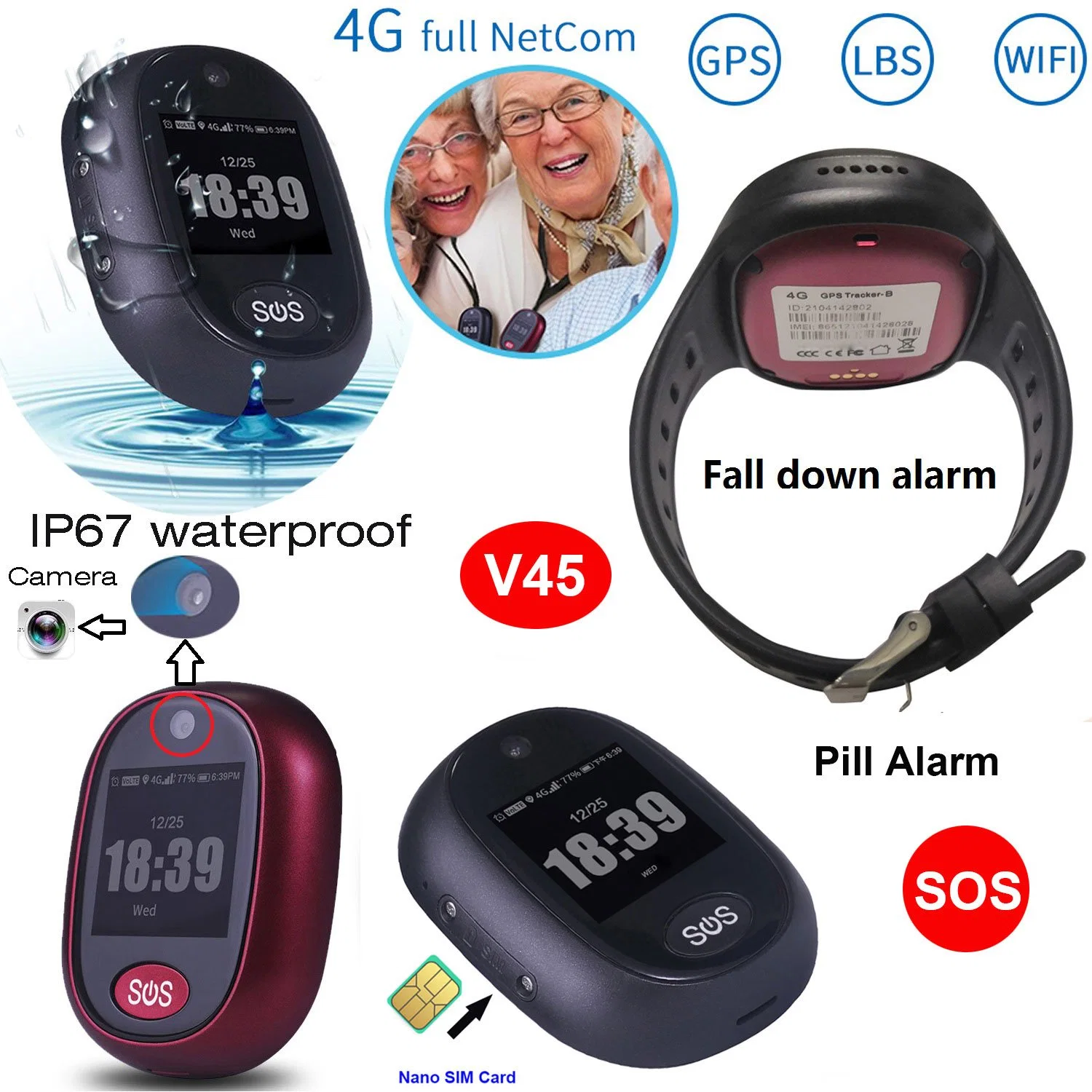 China Quality 4G IP67 Waterproof GPS Tracking Pendant for Elder Personal GPS Tracker with Fall Down Alert Talking Clock V45