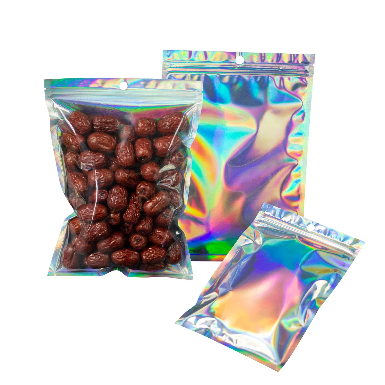 Wiederverschließbar Hologramm Mylar Reißverschluss Kunststoff Schmuck Make-Up Ziplock Verpackung Transparent Holografische Beutel