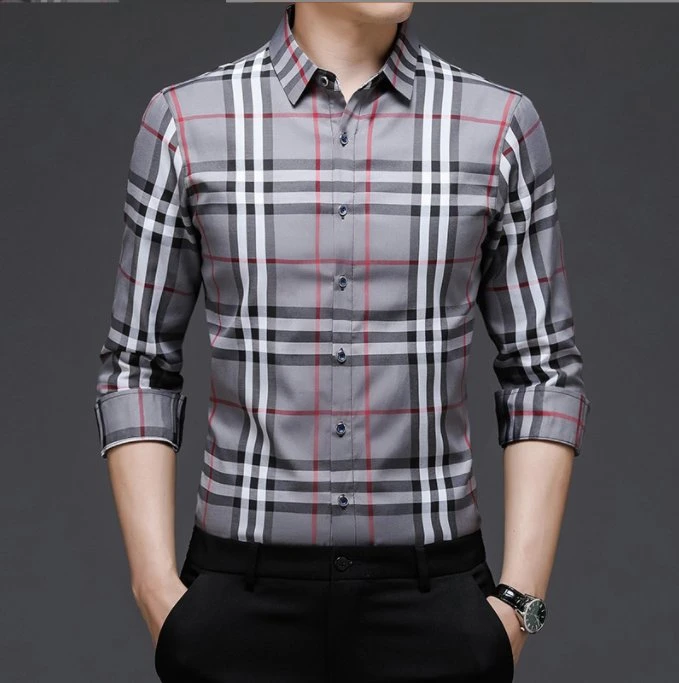 2023 New Men's Apparel Casual Plaid Lapel Men's Long Sleeve Shirt