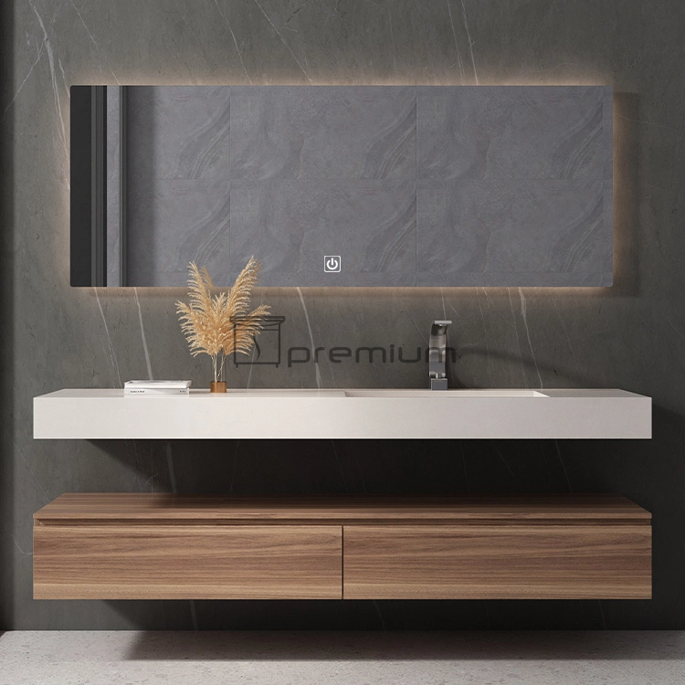 1400mm de ancho, diseño moderno de lujo con espejo retroiluminado LED, lavabo de piedra sinterizada, mueble de baño de madera montado en la pared