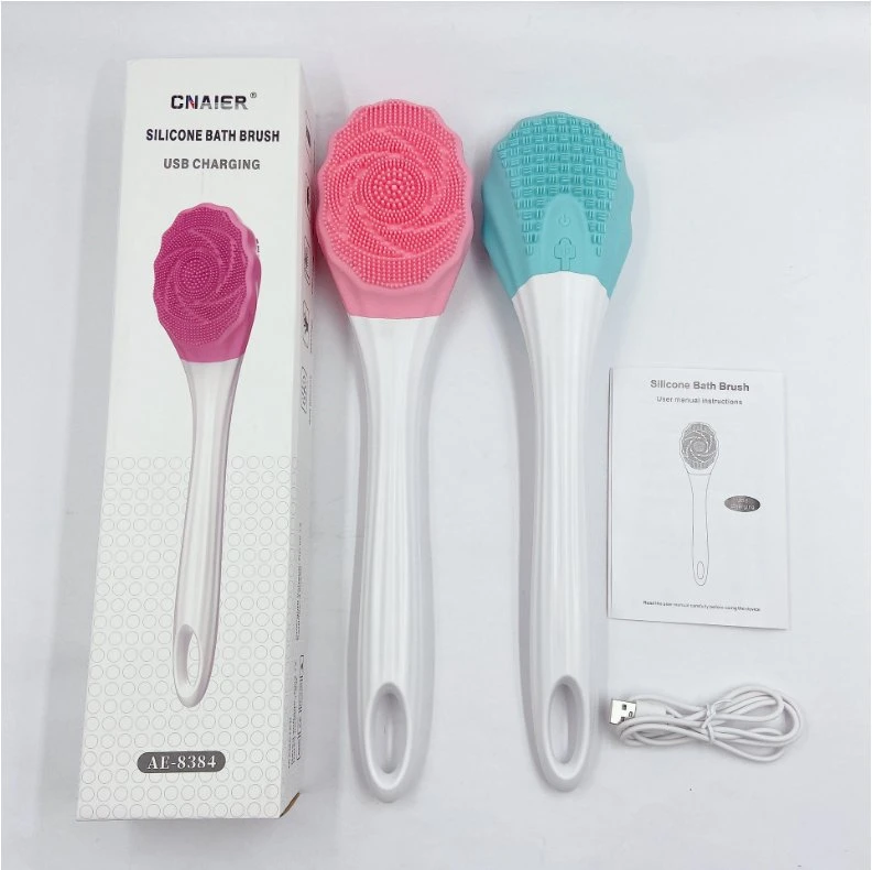 Brosse de douche électrique rechargeable avec manche long, instrument de massage en silicone pour le bain et le gommage du dos.