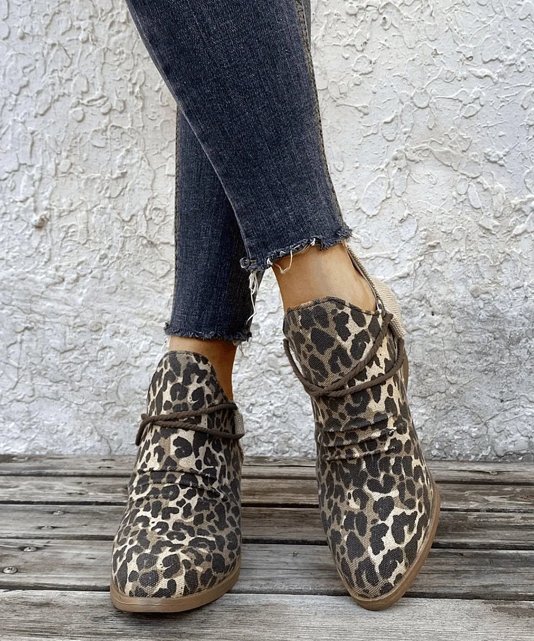 OEM Western Fashion Shoes Dear-Lover Leopard Retro Canvas Patchwork Chunky Heel Boots for Women