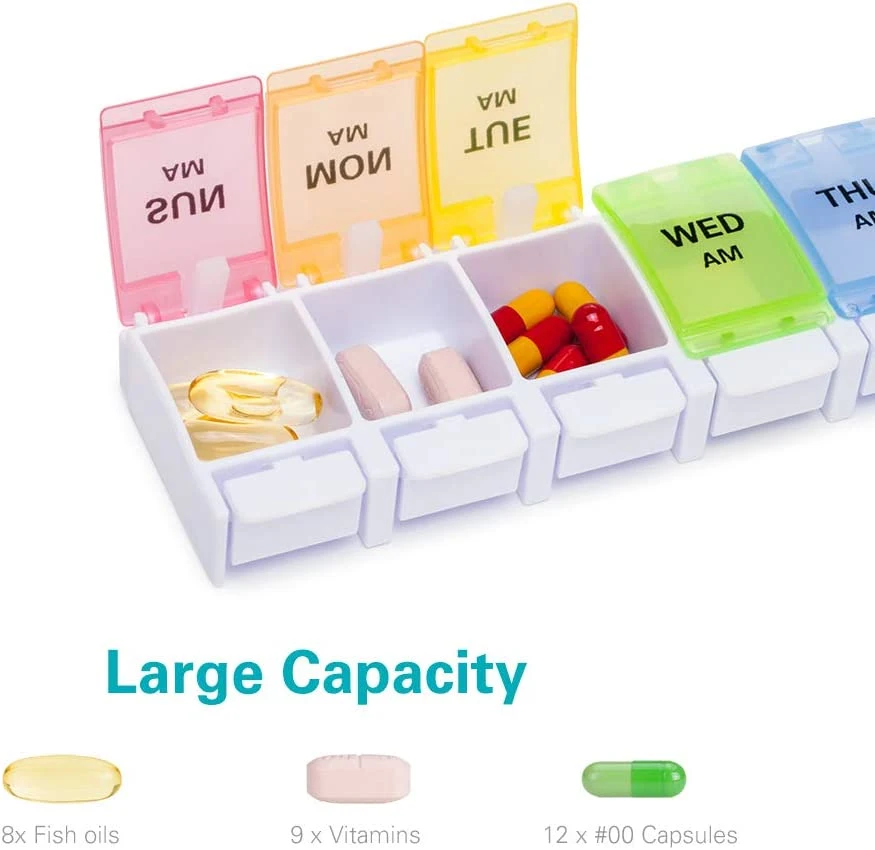 7 Days Am Pm Pill Organizer - 2 Times a Day Large Weekly Pills Case, Morning and Night Pill Boxes with Unique Push-Button Pop Open Design Hold Vitamin, Medicine